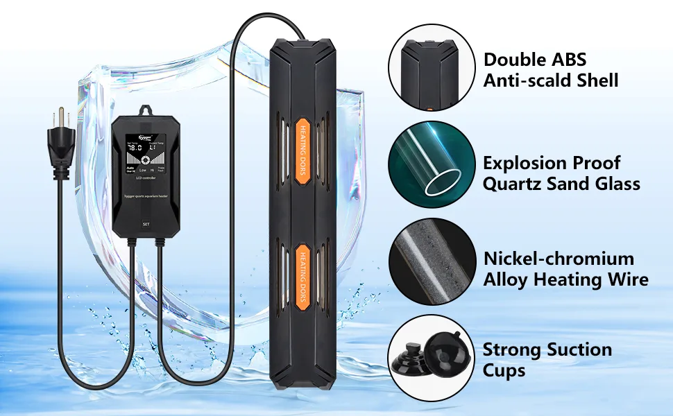 Hygger aquarium heater with double ABS shell, explosion-proof quartz glass, nickel-chromium heating wire, and strong suction