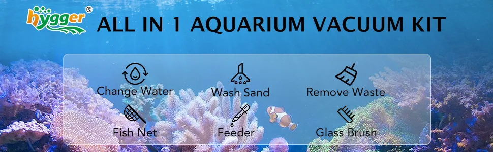 Hygger All-in-One Aquarium Vacuum Kit with Water Change, Sand Washing, Waste Removal, Fish Net, Feeder, and Glass Brush for E
