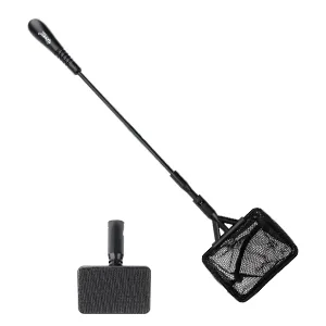Black aquarium net with long handle and square mesh for safe fish handling, ideal for cleaning and transferring