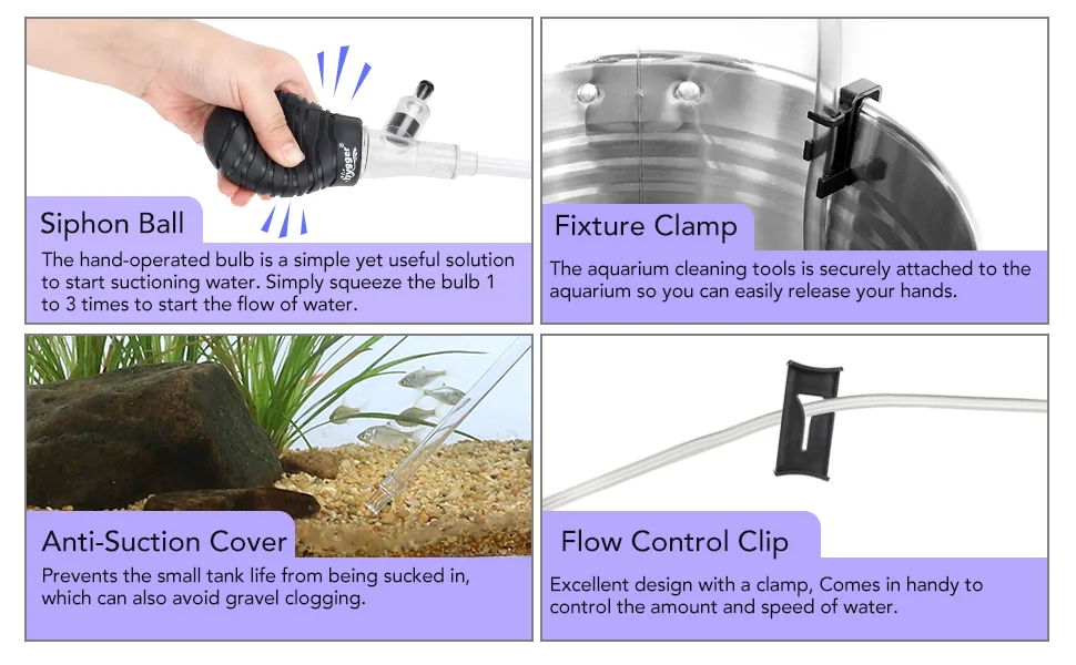 Hygger aquarium cleaning tools: Siphon Ball, Fixture Clamp, Anti-Suction Cover, Flow Control Clip for easy water maintenance.