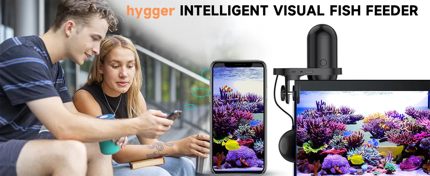 A couple uses a smartphone to control the hygger Intelligent Visual Fish Feeder, showing a vibrant coral reef on both the pho