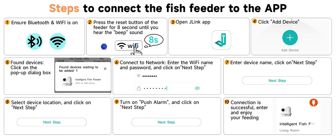 Step-by-step guide to connect fish feeder to JLink app via Bluetooth and WiFi