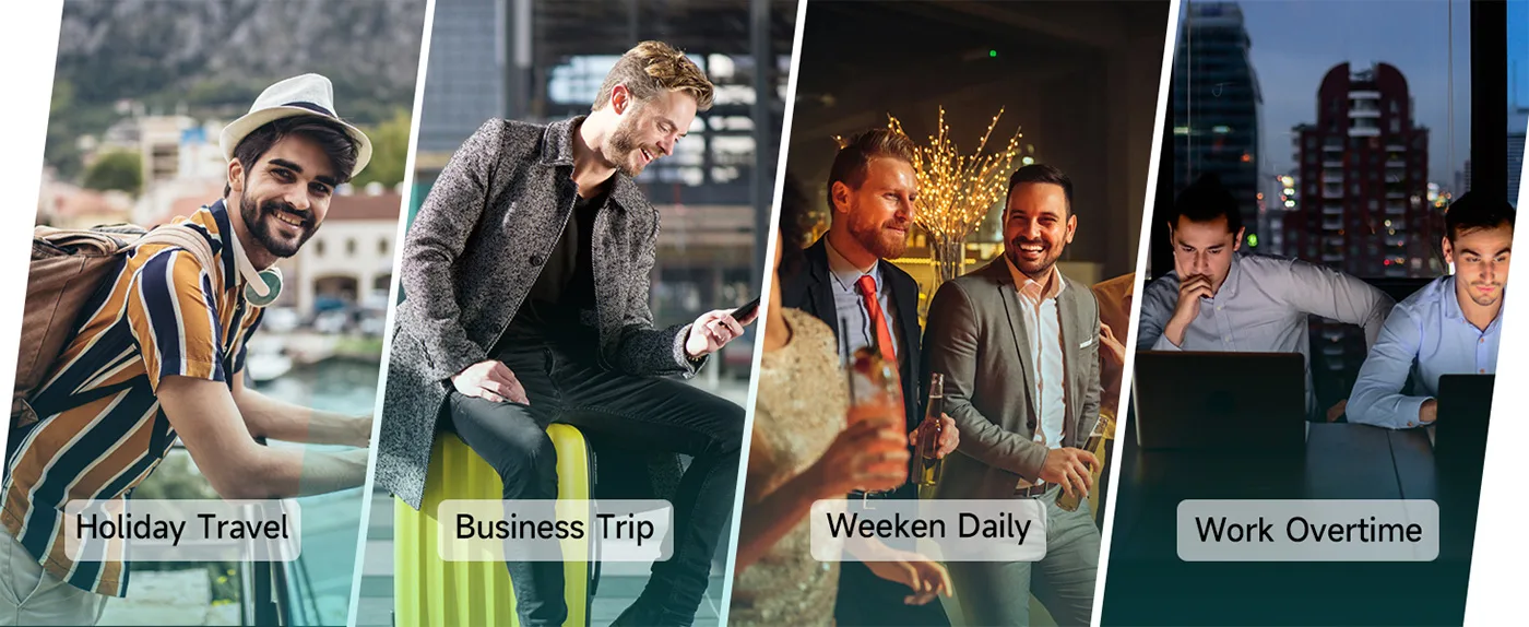 Four scenes showing different work and travel scenarios: Holiday Travel, Business Trip, Weeken Daily, Work Overtime with peop