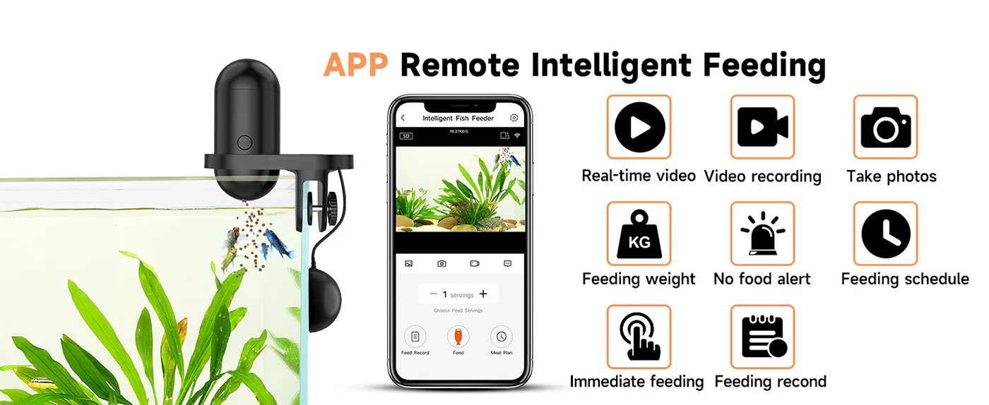 Smart aquarium feeder with app control, real-time video, feeding schedule, and weight monitoring for fish tanks