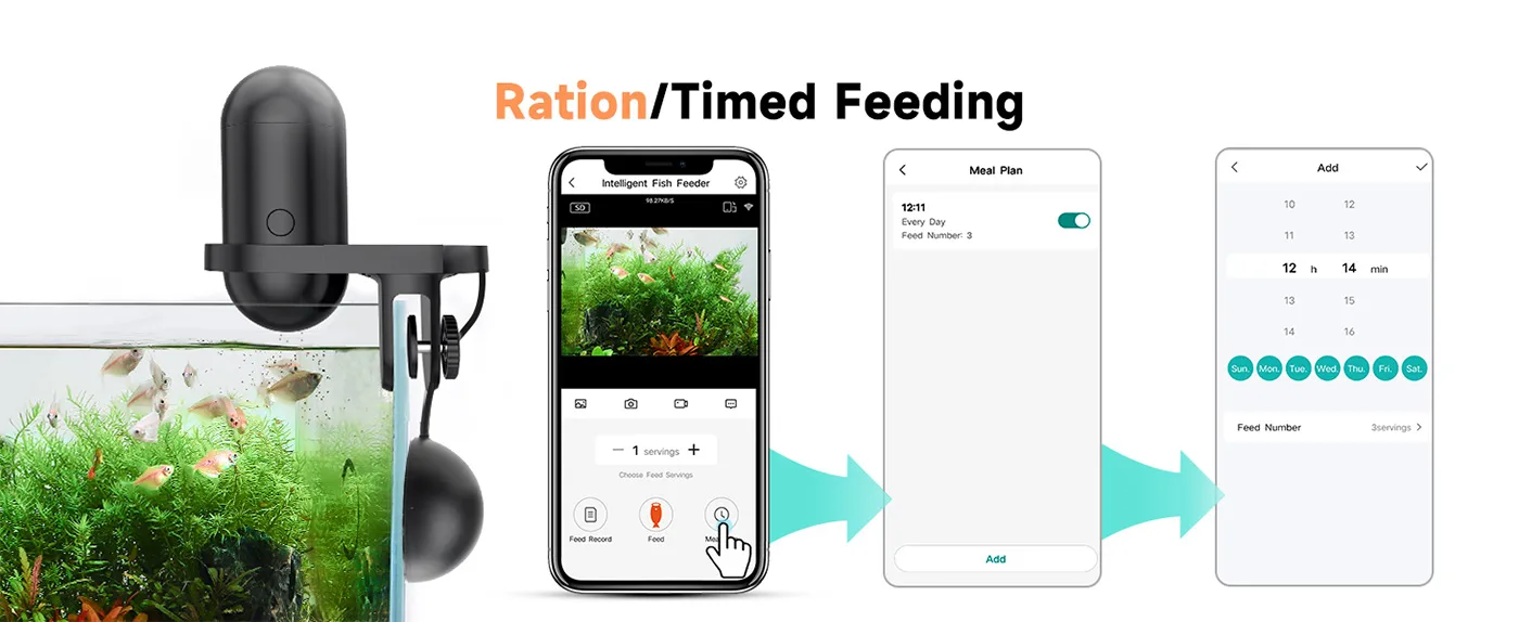 Smart fish feeder with app control for timed feeding in aquariums, showing mobile interface for setting meal plans.