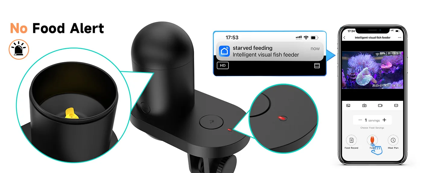 Smart fish feeder with no food alert feature, showing empty tank and mobile app control for aquarium monitoring