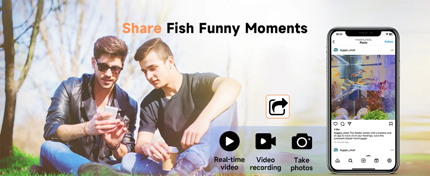 Two people sharing funny moments with a fish tank app on smartphones, featuring real-time video, video recording, and photo o