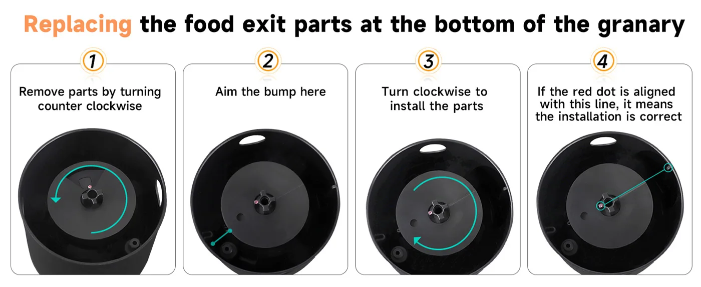 Step-by-step guide for replacing food exit parts at the bottom of a granary with clear instructions and visual cues.
