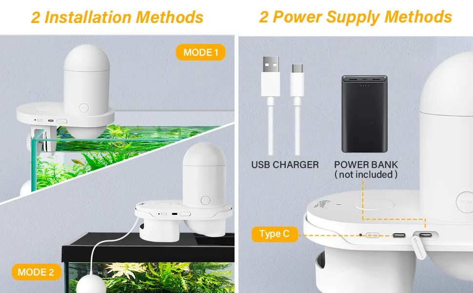 Hygger aquarium robot with 2 installation methods and 2 power supply options for easy setup and charging