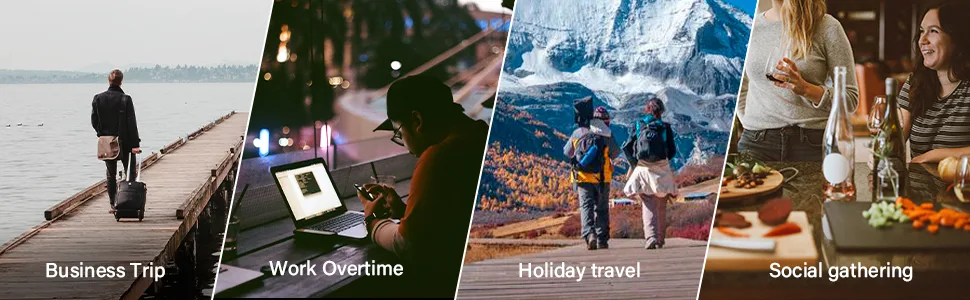 A collage of four travel scenarios: business trip on pier, work overtime with laptop, holiday travel in mountains, and social