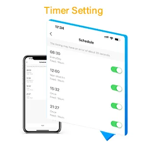 Timer Setting screen showing schedule for aquarium lighting with 4 time slots (6:30, 12:00, 15:30, 21:27) on mobile device