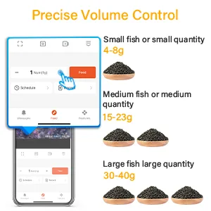 Hygger Aquarium app interface showing precise volume control settings for small, medium, and large fish quantities with corre