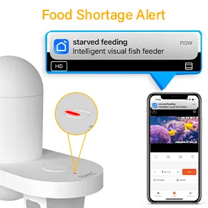 Hygger Intelligent Fish Feeder Alert showing 'starved feeding' notification on mobile app with food shortage warning