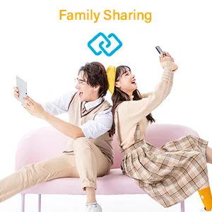 Two people sharing a smartphone for family photos on a pink couch with 'Family Sharing' text and logo
