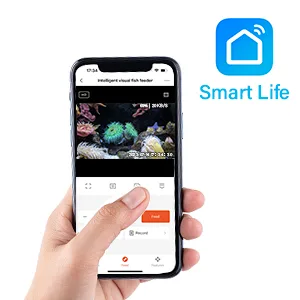 Smart Life app controlling aquarium with live fish view on mobile phone