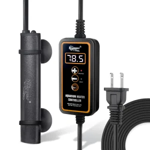 Hygger aquarium heater controller with digital display showing 18.5°C, adjustable settings, and power plug.