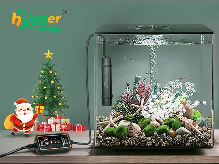 Hygger aquarium with Christmas decor, featuring fish, plants, and festive elements for a cozy holiday display.