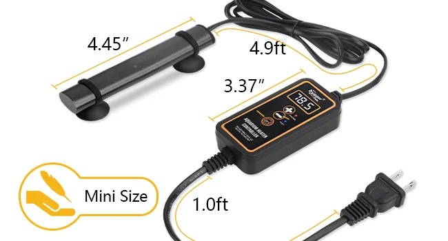 Hygger aquarium heater with mini size, 4.45" length, 3.37" width, 4.9ft cable, 1.0ft power cord, and 13.5°C display for preci