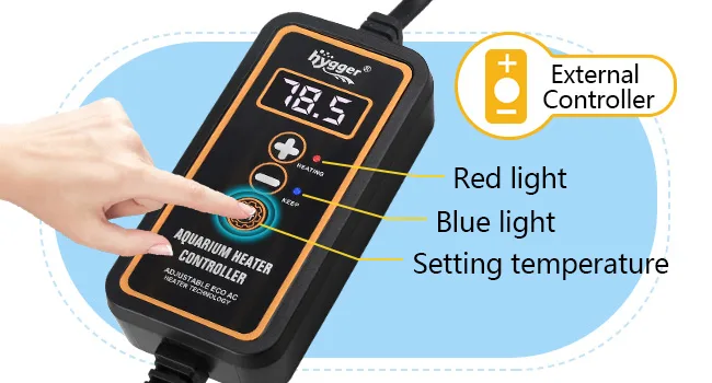 Hygger Aquarium Heater Controller with digital display showing 78.5°F, red and blue indicator lights, and temperature setting