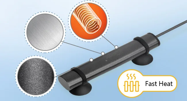 Hygger aquarium heater with stainless steel body, copper heating element, and fast heat technology for efficient water temper