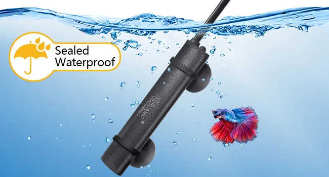 Sealed waterproof aquarium heater with betta fish in water, showing water resistance and safety for fish tanks
