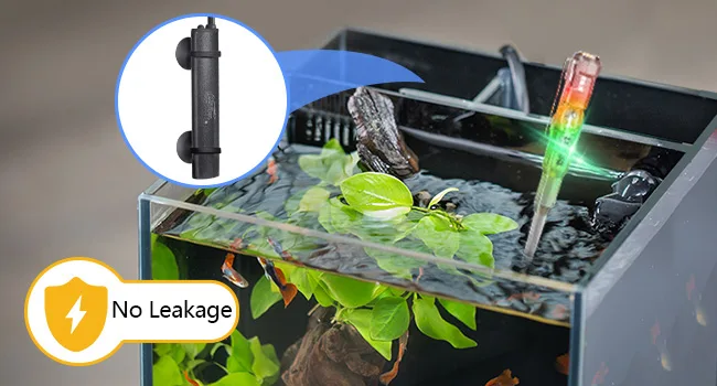 Hygger aquarium water pump with no leakage feature, showing a close-up of the pump and a fish tank with plants and fish.