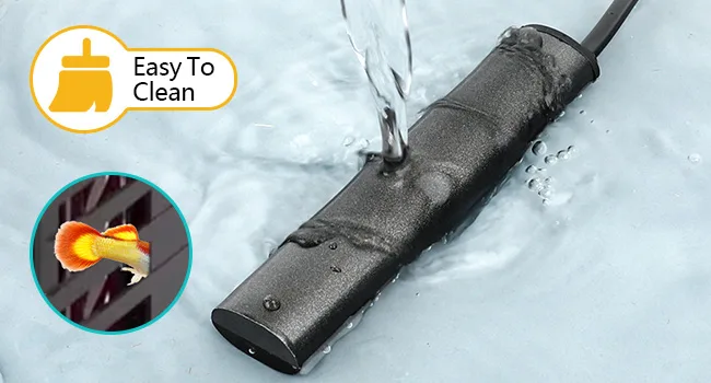 Hygger aquarium water filter with easy-to-clean design, shown with water flowing over it and a close-up of the filter media.