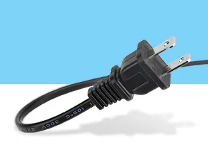 Black US plug with coiled cable against blue and white background