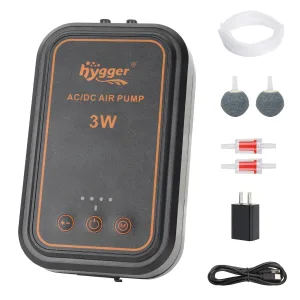 Hygger AC/DC Air Pump 3W with accessories: tubing, air stones, connectors, power adapter, and USB cable for aquarium use