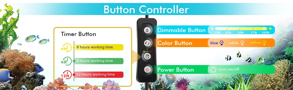 Hygger aquarium button controller with timer, dimmable, color, and power buttons for smart fish tank lighting control