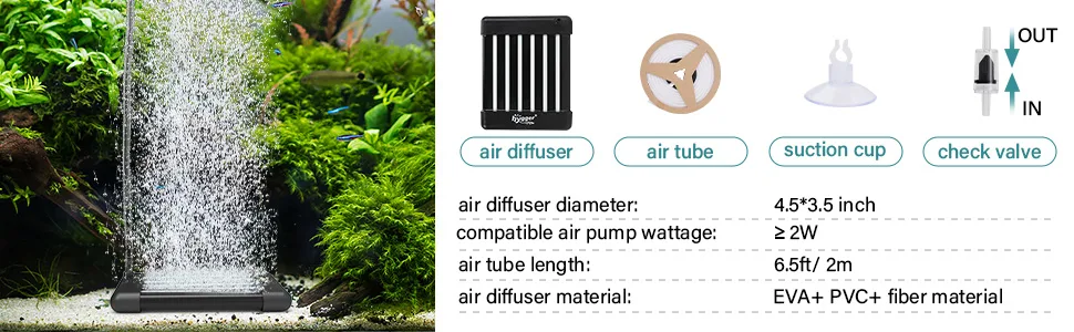 Hygger aquarium air diffuser with waterfall effect, air tube, suction cup, and check valve for fish tank oxygenation