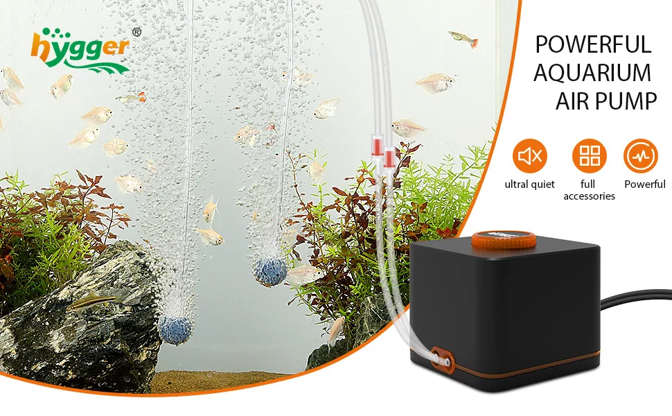 Hygger aquarium air pump with bubbles, fish, plants, and accessories for a thriving aquatic environment