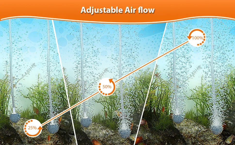 Hygger aquarium air pump with adjustable airflow settings from 25% to 100% for optimal fish tank oxygenation and water circul