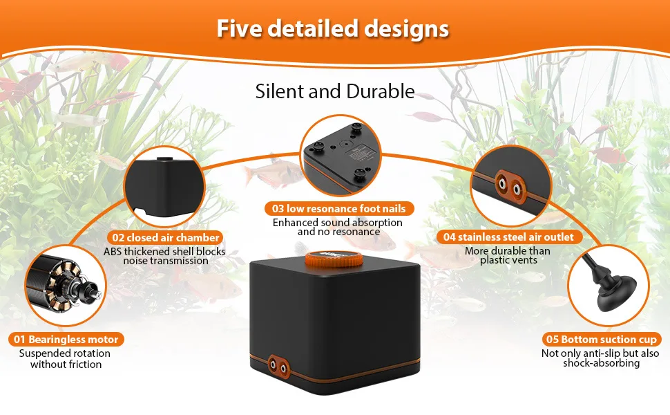 Hygger aquarium air pump with five detailed designs: silent operation, durable construction, and features like bearingless mo