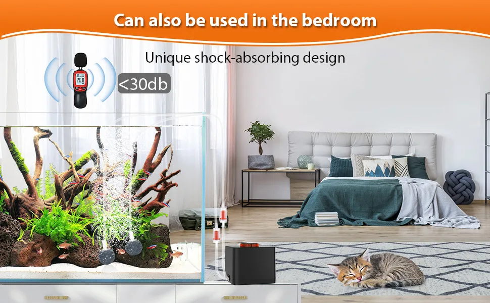 Hygger aquarium with shock-absorbing design for bedroom use, featuring <30dB noise level and a sleeping cat nearby