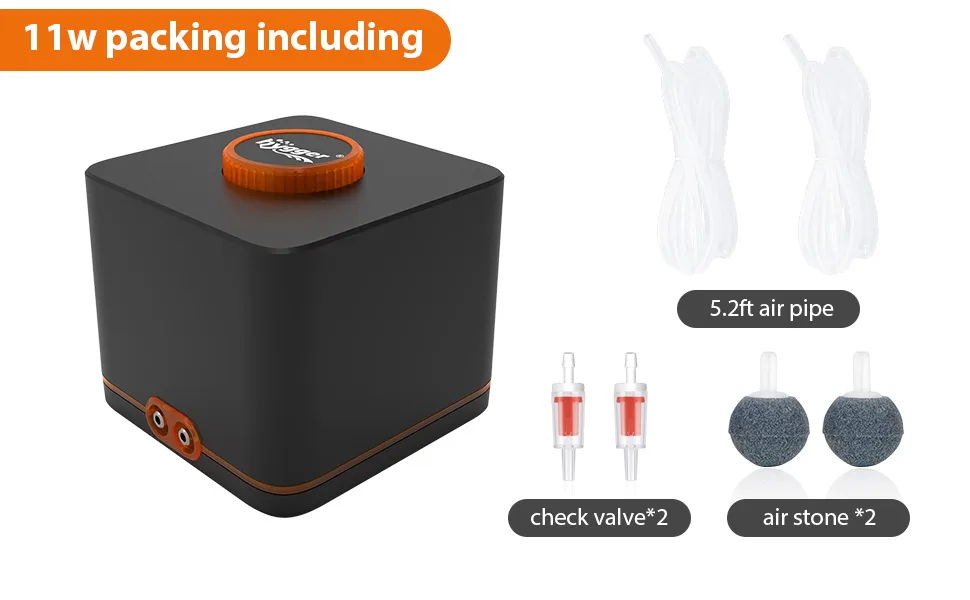 Hygger 11W aquarium air pump with 5.2ft air pipe, check valves, and air stones for fish tank oxygenation