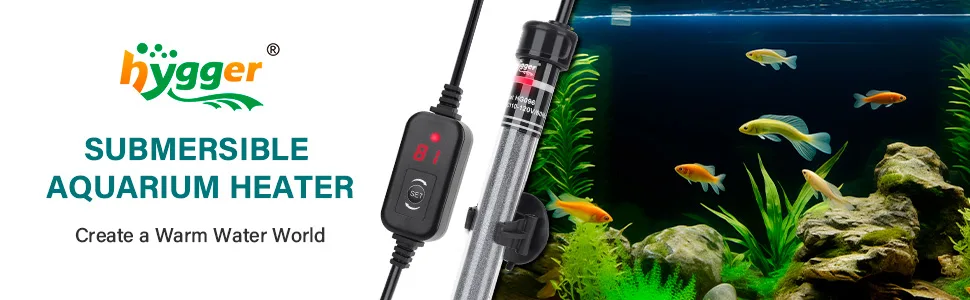 Hygger submersible aquarium heater with digital display and aquarium setup showing fish and plants