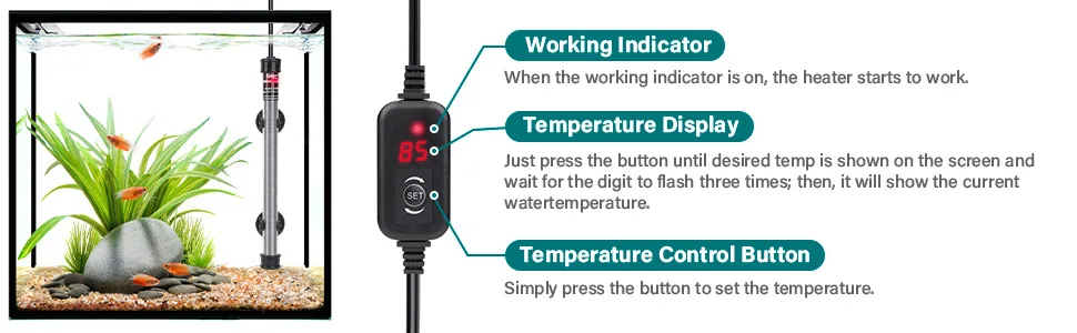 Hygger aquarium heater with working indicator, temperature display, and control button for precise water temperature control