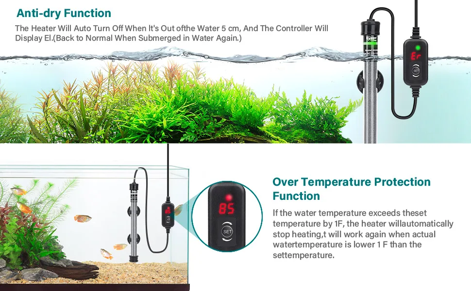 Hygger aquarium heater with anti-dry and over temperature protection features for safe fish tank temperature control