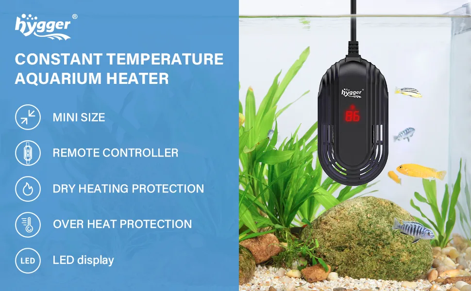 Hygger constant temperature aquarium heater with LED display, remote control, and safety features in a fish tank