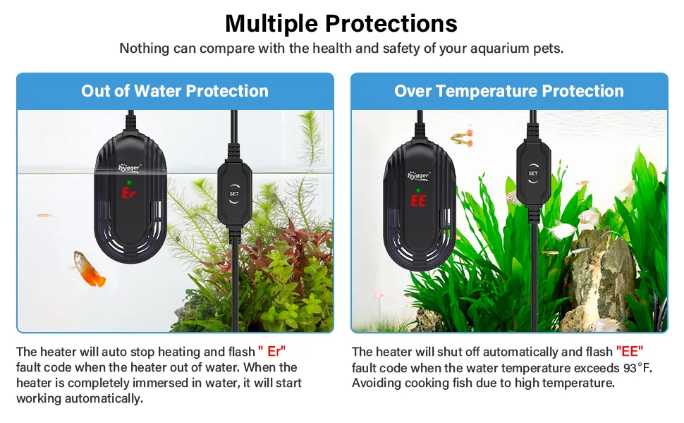 Hygger aquarium heater with out of water and over temperature protection features for fish tank safety.