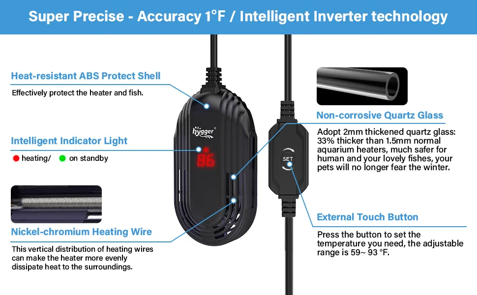 Hygger aquarium heater with precise temperature control, ABS shell, quartz glass, and adjustable settings for fish tanks.