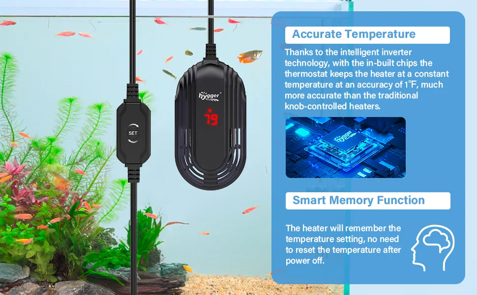 Hygger aquarium heater with accurate temperature control and smart memory function for fish tank