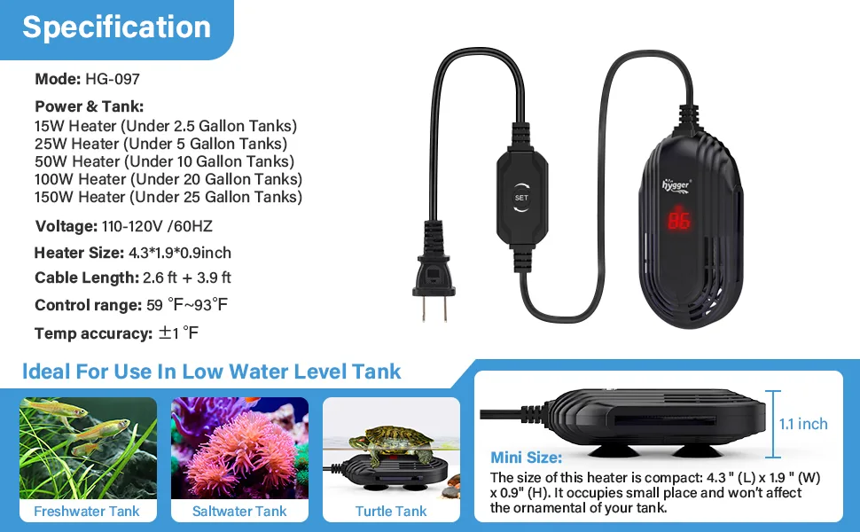 Hygger HG-097 aquarium heater with 15W-150W power options, 110-120V voltage, and 59-93°F temperature control for freshwater,
