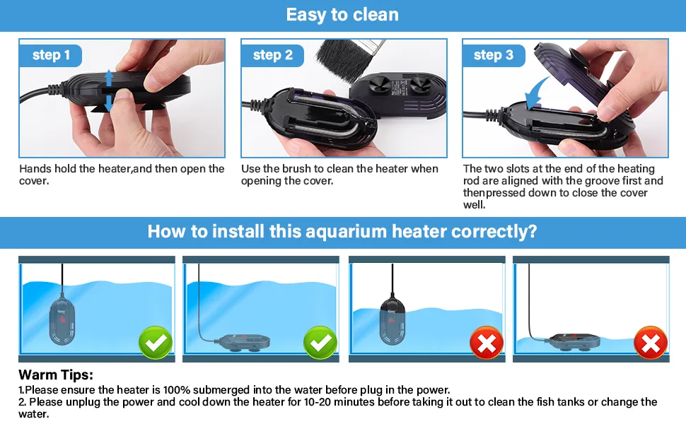 Step-by-step guide for cleaning and installing an aquarium heater with clear instructions and safety tips.