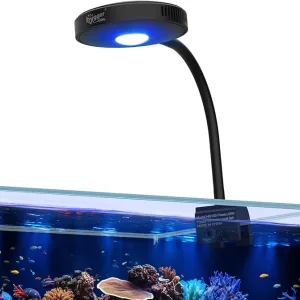 Hygger aquarium LED light fixture with adjustable arm illuminating vibrant coral reef tank with colorful fish and marine life