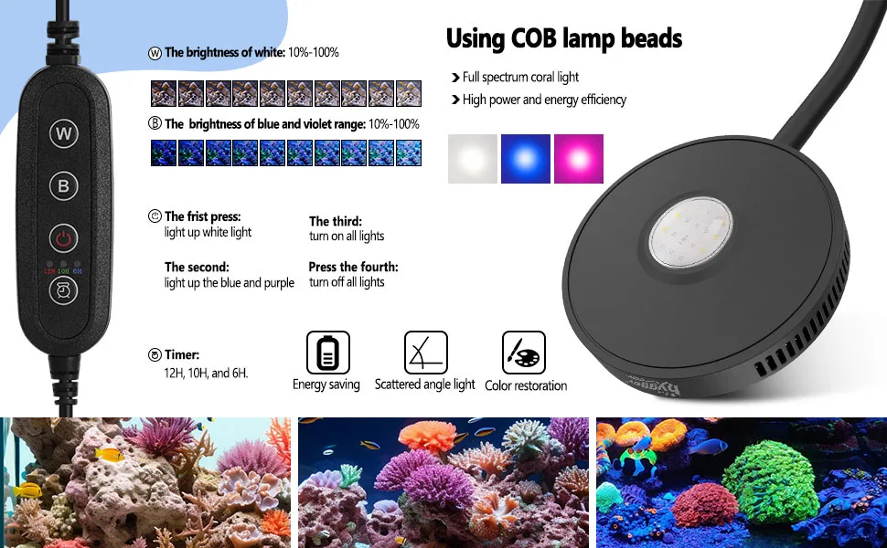 Hygger aquarium LED light controller with adjustable white and blue/violet brightness, COB lamp beads for coral growth, timer