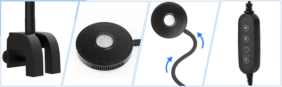 Hygger aquarium water pump components: suction cup mount, circular base, flexible hose, and control unit with buttons