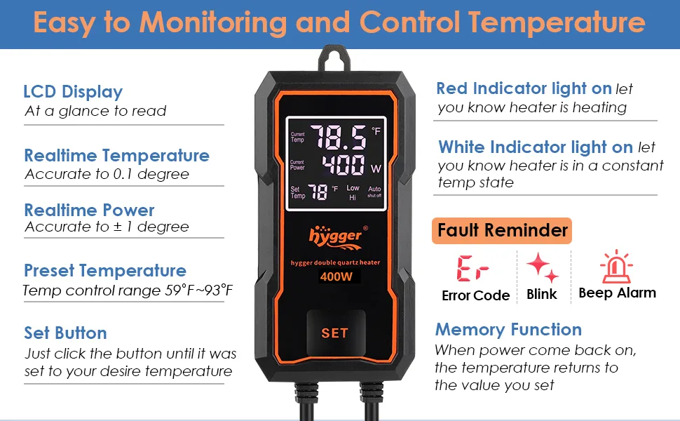 Hygger 400W aquarium heater with LCD display, temperature control, and indicator lights for easy monitoring and control