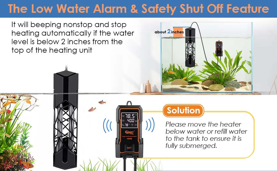 Hygger aquarium heater with low water alarm and safety shut off feature, showing water level below 2 inches from heating unit
